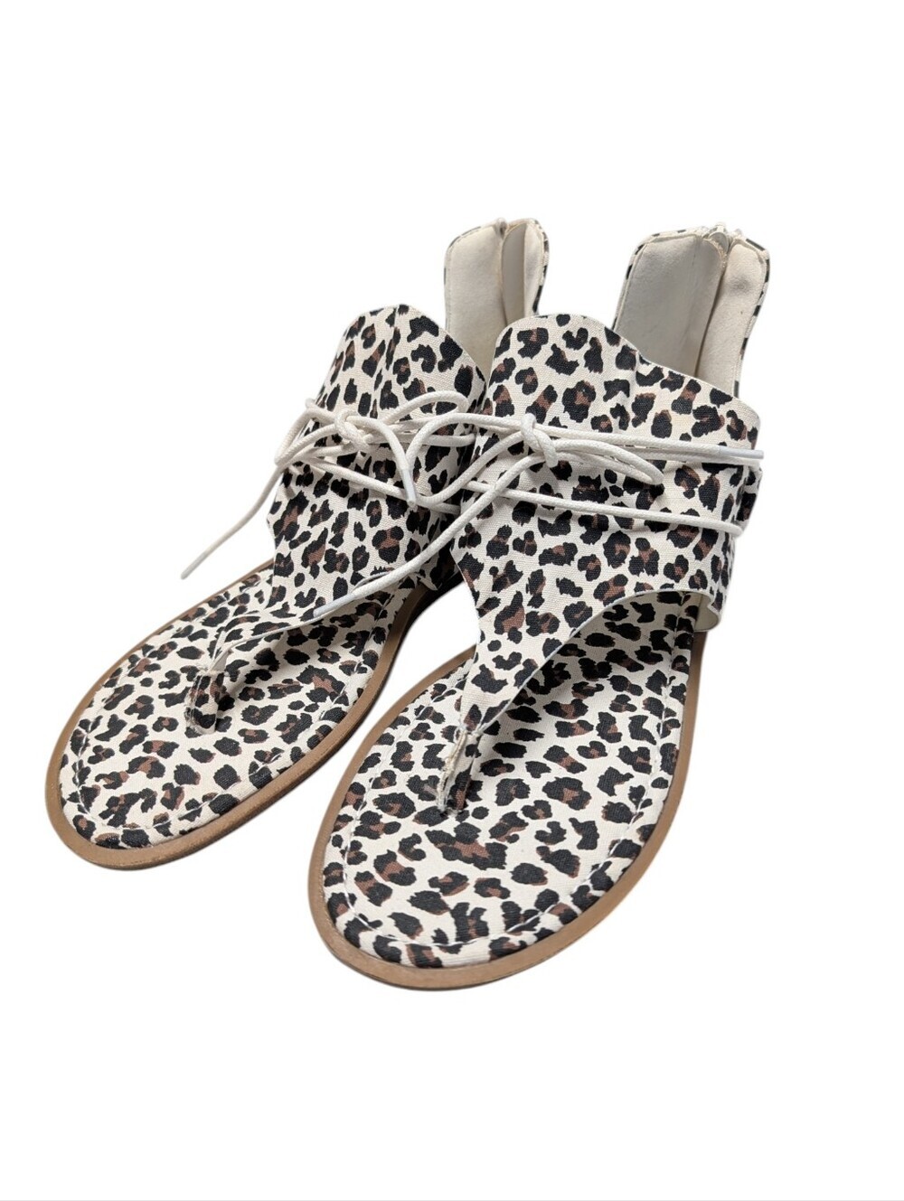 Pierre Dumas Leopard Print Lace Up Thong Sandals Women's Sz 10 Flat Boho Zipper